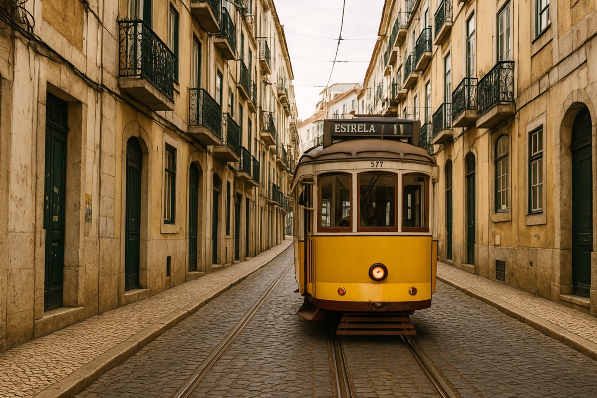 “Classic yellow tram winding through Lisbon’s cobbled streets — vibrant cityscapes, coastal charm, and curated Portuguese travel, TripsWithSam Portugal itinerary.”