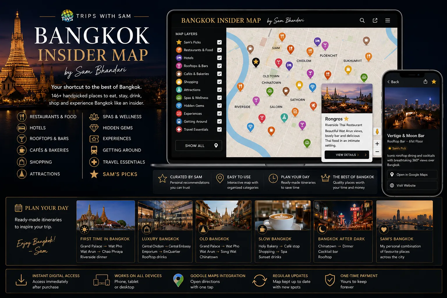 Bangkok Insider Map by Trips With Sam featuring curated travel recommendations across Bangkok